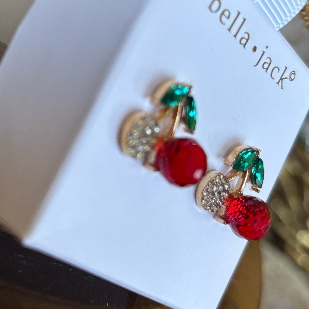 Brand New Bella Jack Red Cherries Crystal Rhinestone Post Earrings Studs Pierced - Picture 5 of 12